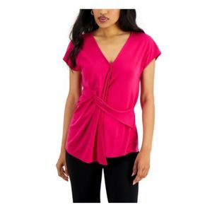 ALFANI Womens Pink Textured Twist Front Cap Sleeve V Neck Faux Wrap Top XL